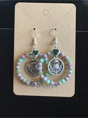 Silver Thistle Hoop Earrings with Green and Lavender Beads
